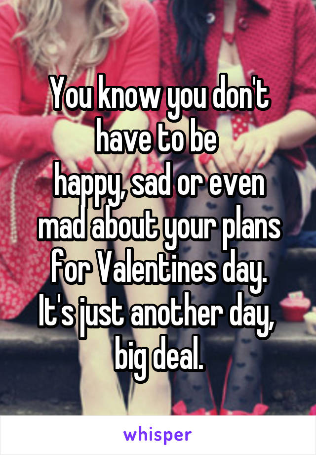 You know you don't have to be 
happy, sad or even mad about your plans for Valentines day.
It's just another day, 
big deal.
