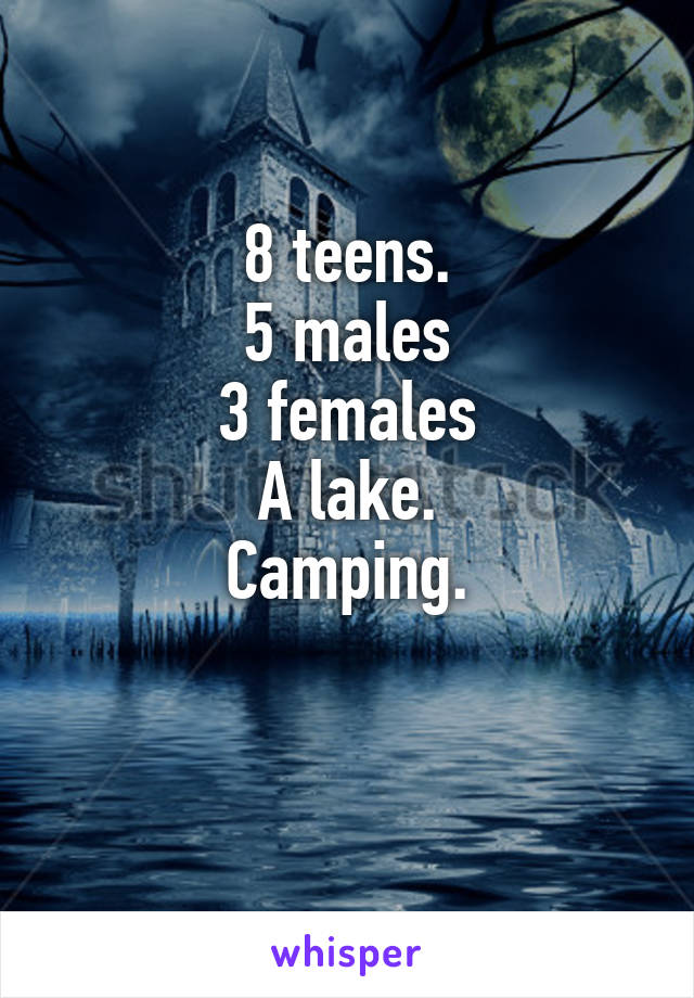 8 teens.
5 males
3 females
A lake.
Camping.


