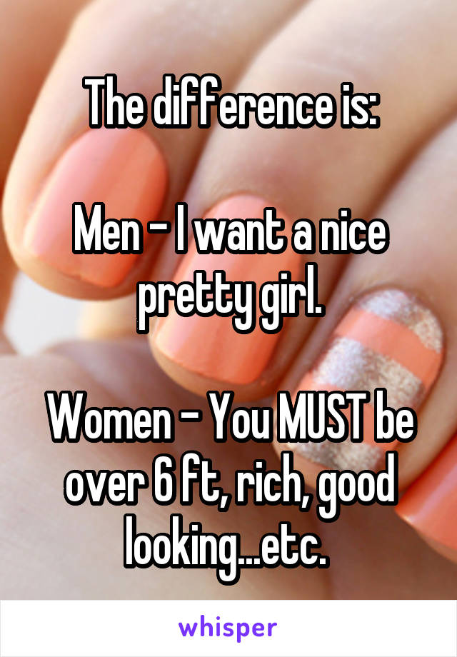 The difference is:

Men - I want a nice pretty girl.

Women - You MUST be over 6 ft, rich, good looking...etc. 