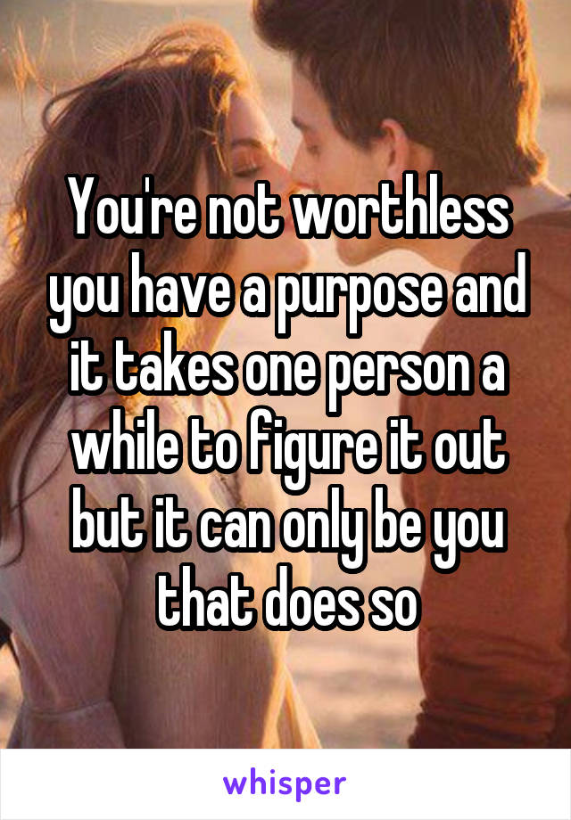 You're not worthless you have a purpose and it takes one person a while to figure it out but it can only be you that does so