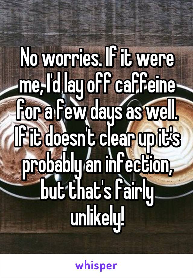 No worries. If it were me, I'd lay off caffeine for a few days as well. If it doesn't clear up it's probably an infection, but that's fairly unlikely!