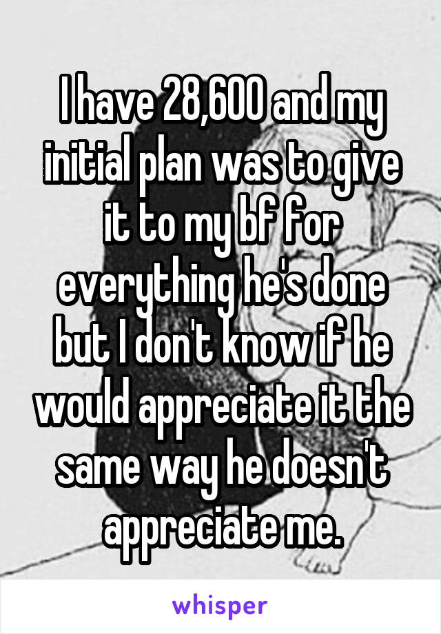 I have 28,600 and my initial plan was to give it to my bf for everything he's done but I don't know if he would appreciate it the same way he doesn't appreciate me.
