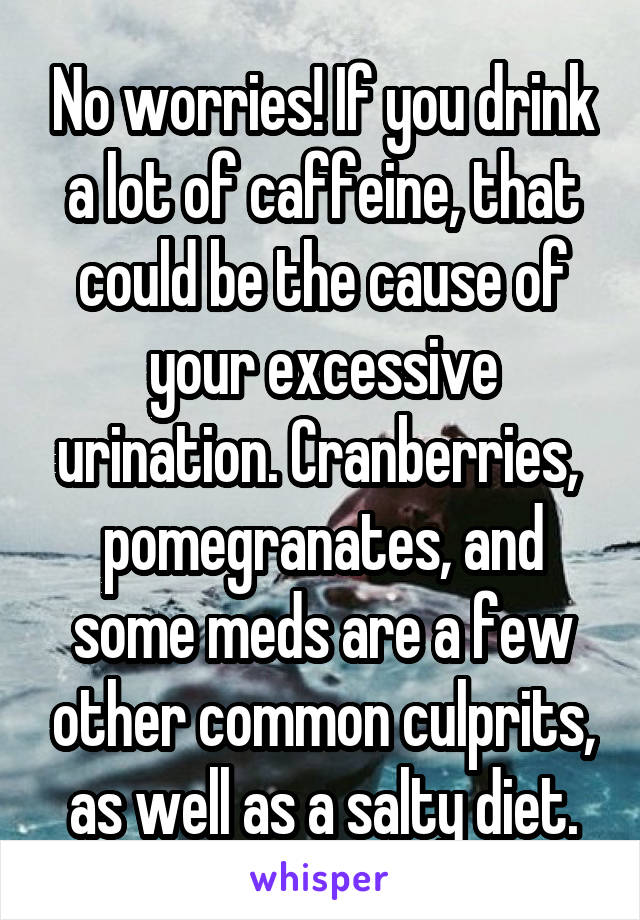 No worries! If you drink a lot of caffeine, that could be the cause of your excessive urination. Cranberries,  pomegranates, and some meds are a few other common culprits, as well as a salty diet.