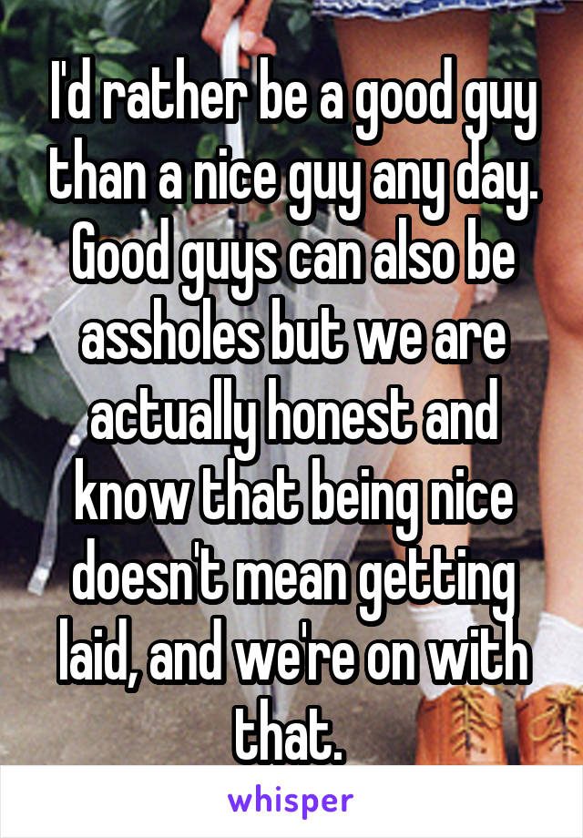 I'd rather be a good guy than a nice guy any day. Good guys can also be assholes but we are actually honest and know that being nice doesn't mean getting laid, and we're on with that. 