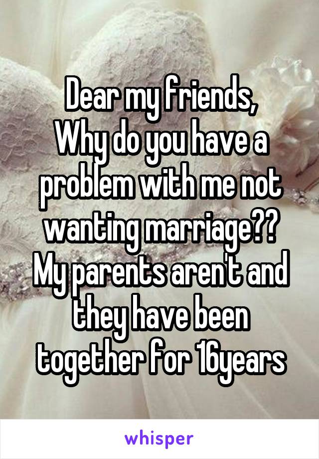 Dear my friends,
Why do you have a problem with me not wanting marriage??
My parents aren't and they have been together for 16years