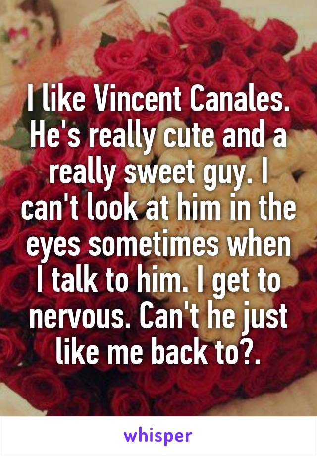 I like Vincent Canales. He's really cute and a really sweet guy. I can't look at him in the eyes sometimes when I talk to him. I get to nervous. Can't he just like me back to?.