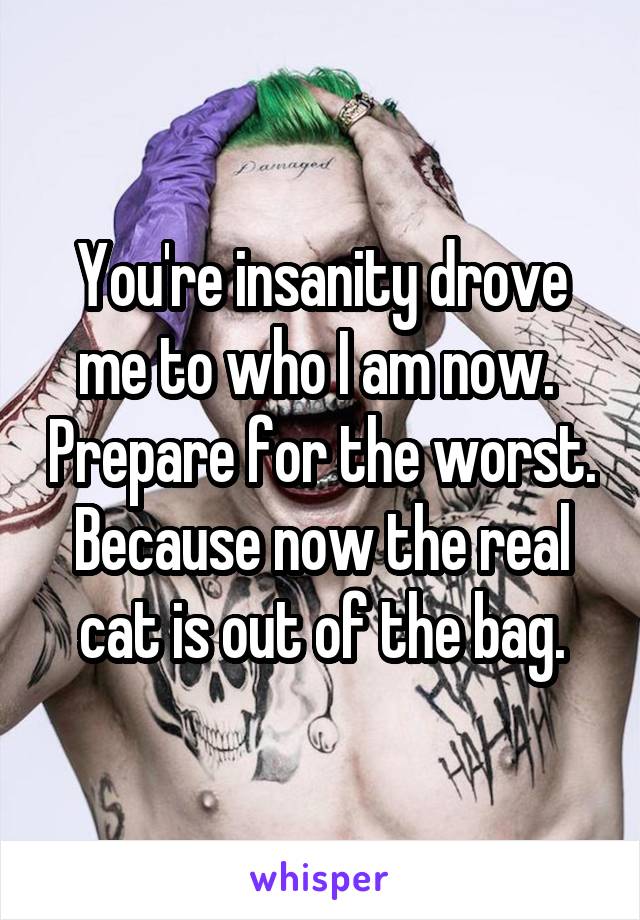 You're insanity drove me to who I am now.  Prepare for the worst. Because now the real cat is out of the bag.