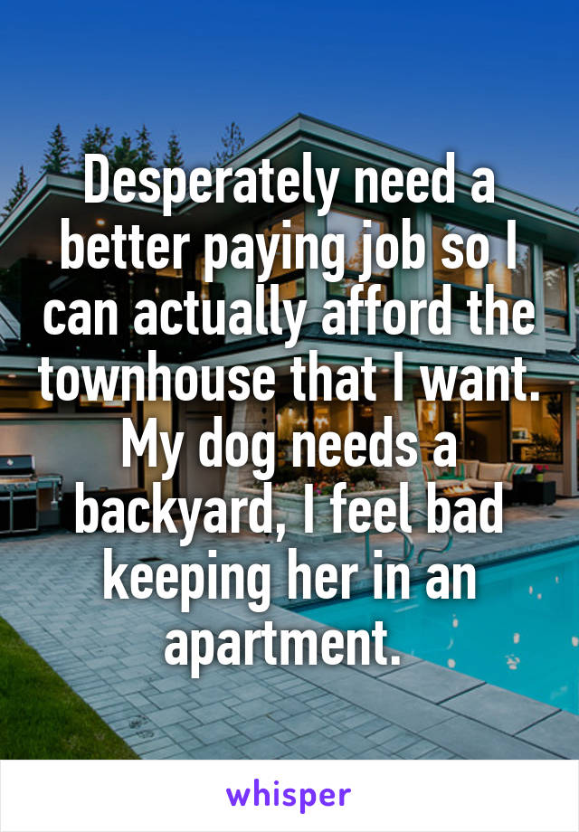 Desperately need a better paying job so I can actually afford the townhouse that I want. My dog needs a backyard, I feel bad keeping her in an apartment. 