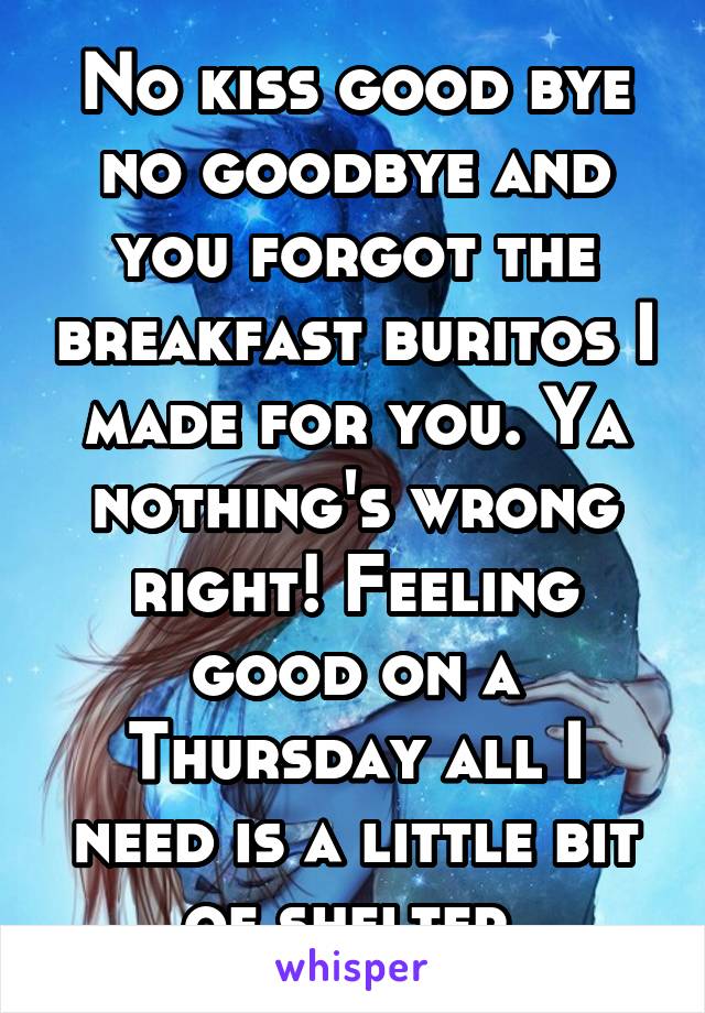 No kiss good bye no goodbye and you forgot the breakfast buritos I made for you. Ya nothing's wrong right! Feeling good on a Thursday all I need is a little bit of shelter.
