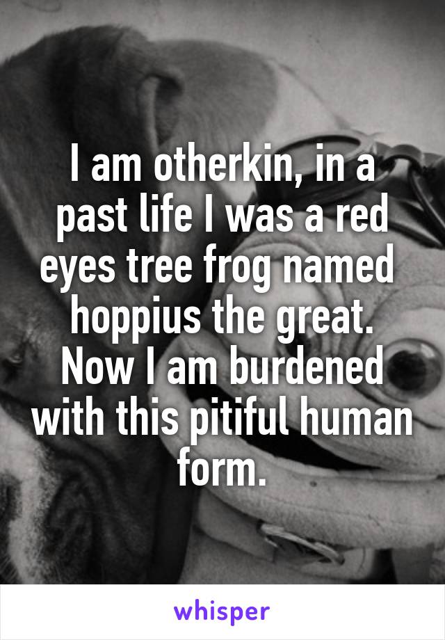 I am otherkin, in a past life I was a red eyes tree frog named 
hoppius the great. Now I am burdened with this pitiful human form.
