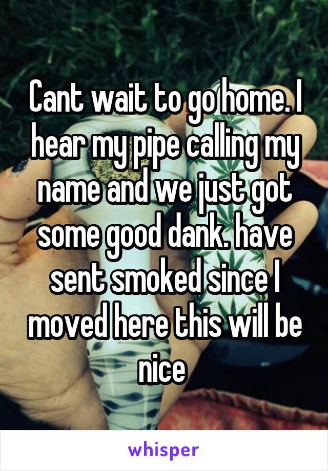 Cant wait to go home. I hear my pipe calling my name and we just got some good dank. have sent smoked since I moved here this will be nice 
