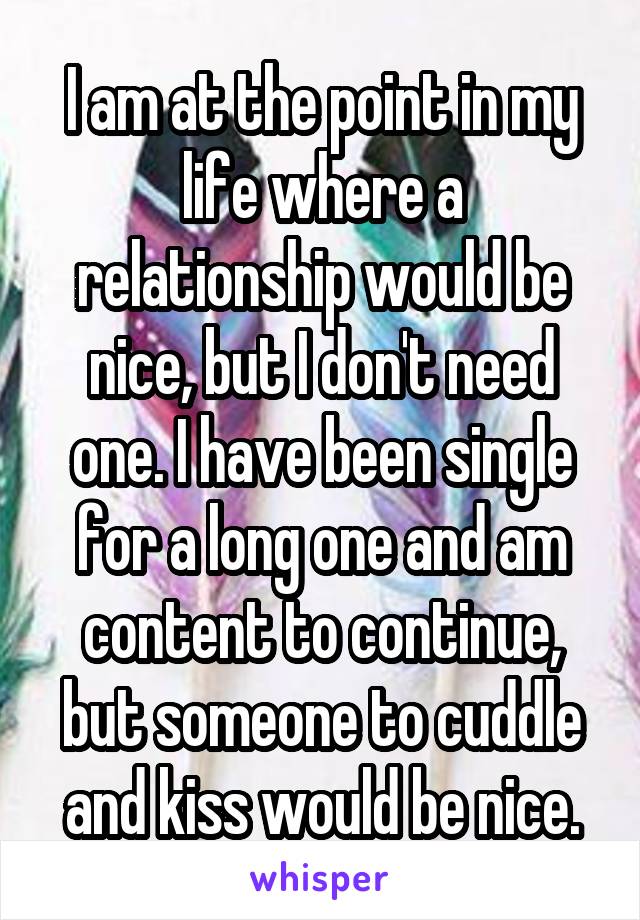 I am at the point in my life where a relationship would be nice, but I don't need one. I have been single for a long one and am content to continue, but someone to cuddle and kiss would be nice.