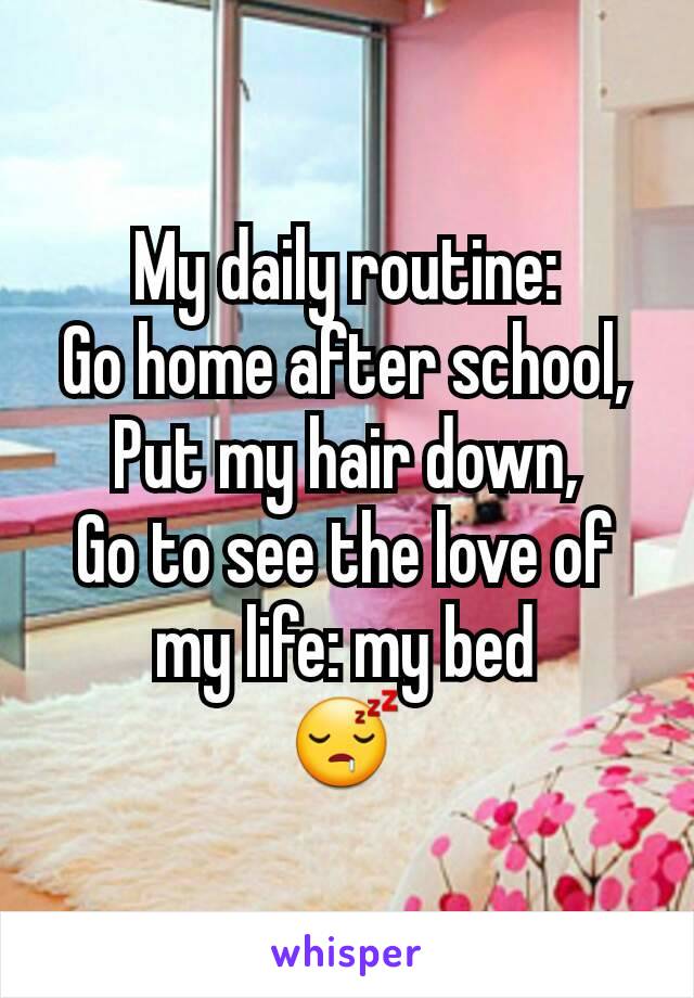 My daily routine:
Go home after school,
Put my hair down,
Go to see the love of my life: my bed
😴
