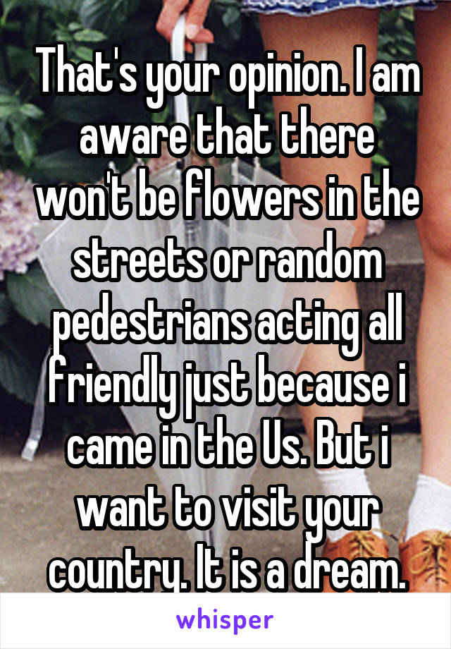 That's your opinion. I am aware that there won't be flowers in the streets or random pedestrians acting all friendly just because i came in the Us. But i want to visit your country. It is a dream.