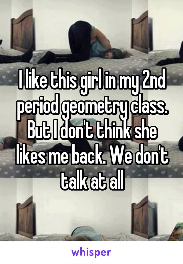 I like this girl in my 2nd period geometry class. But I don't think she likes me back. We don't talk at all