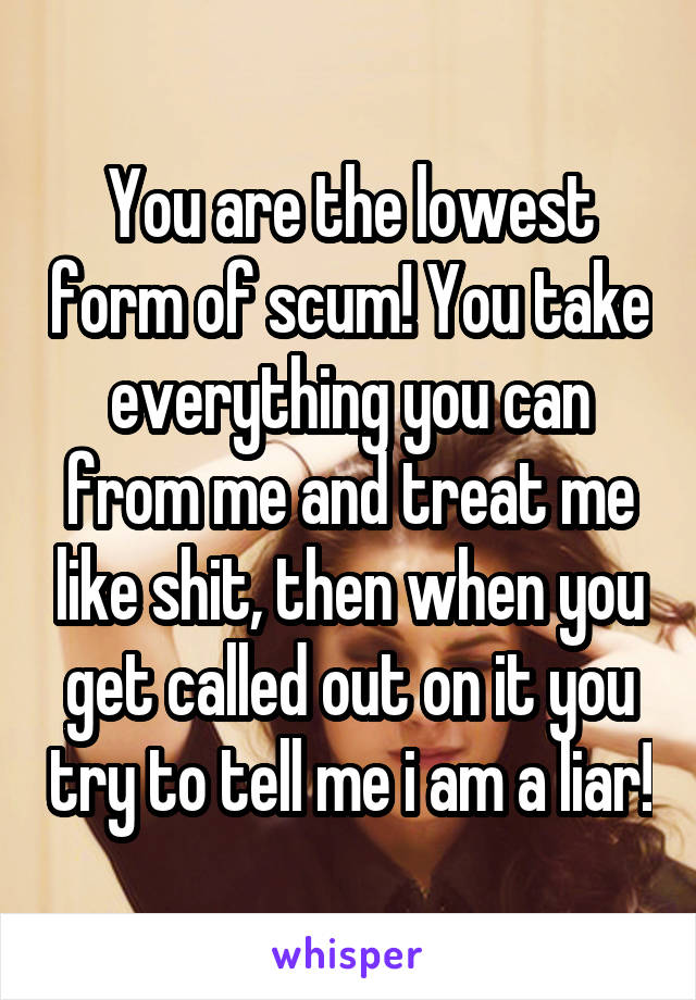 You are the lowest form of scum! You take everything you can from me and treat me like shit, then when you get called out on it you try to tell me i am a liar!