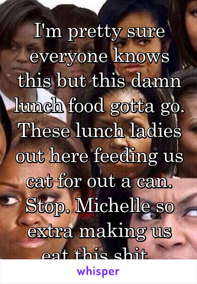 I'm pretty sure everyone knows this but this damn lunch food gotta go. These lunch ladies out here feeding us cat for out a can. Stop. Michelle so extra making us eat this shit. 
