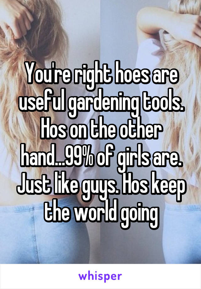 You're right hoes are useful gardening tools.
Hos on the other hand...99% of girls are. Just like guys. Hos keep the world going