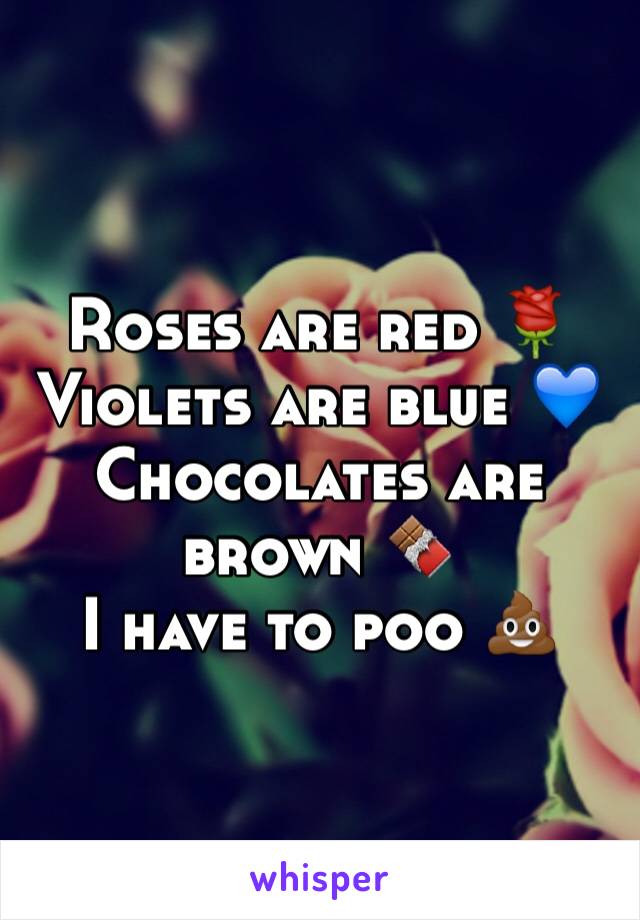 Roses are red 🌹
Violets are blue 💙
Chocolates are brown 🍫
I have to poo 💩