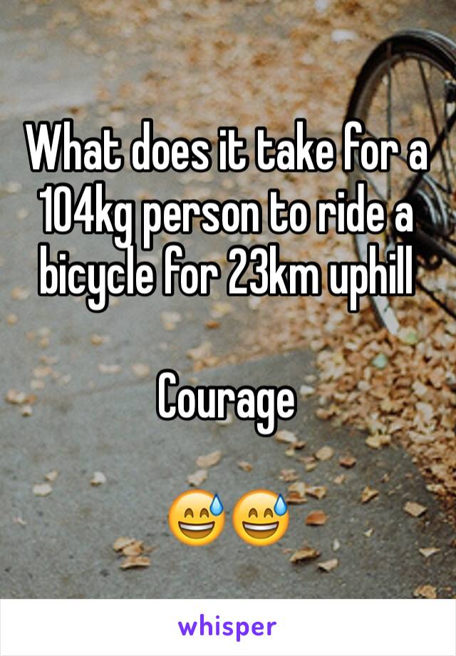 What does it take for a 104kg person to ride a bicycle for 23km uphill

Courage

😅😅