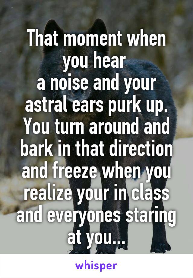 That moment when you hear 
a noise and your astral ears purk up. You turn around and bark in that direction and freeze when you realize your in class and everyones staring at you...