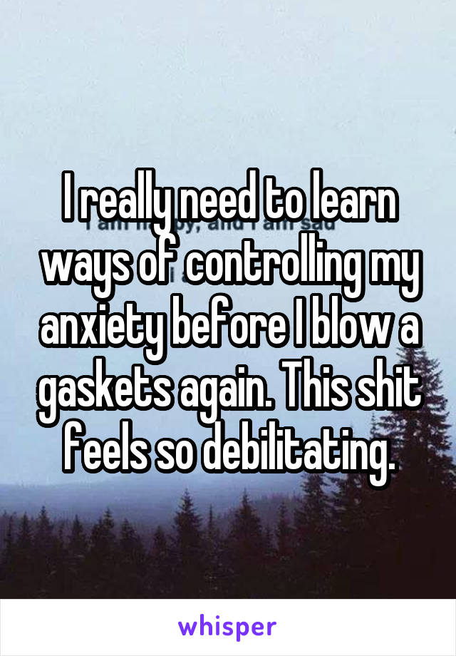 I really need to learn ways of controlling my anxiety before I blow a gaskets again. This shit feels so debilitating.