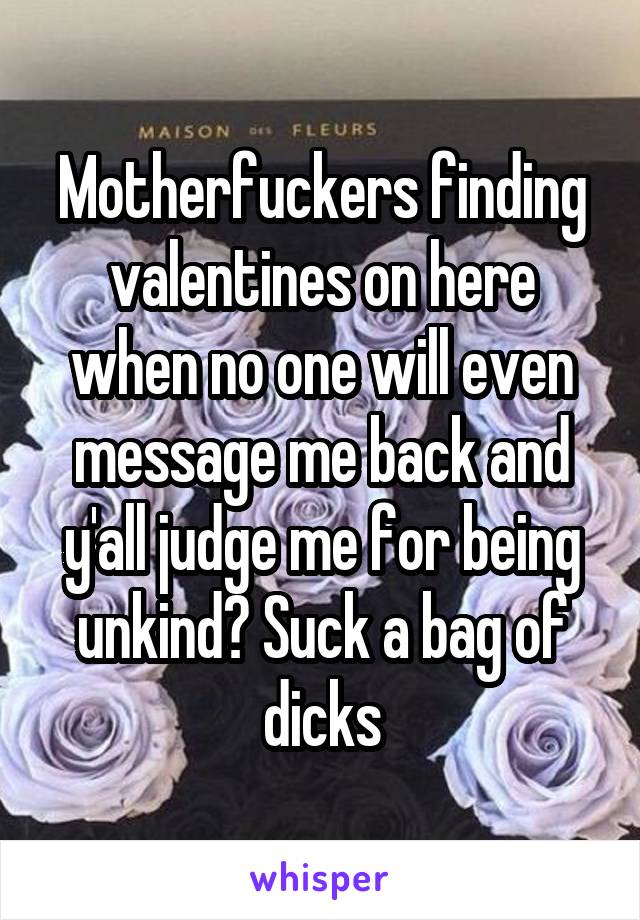 Motherfuckers finding valentines on here when no one will even message me back and y'all judge me for being unkind? Suck a bag of dicks
