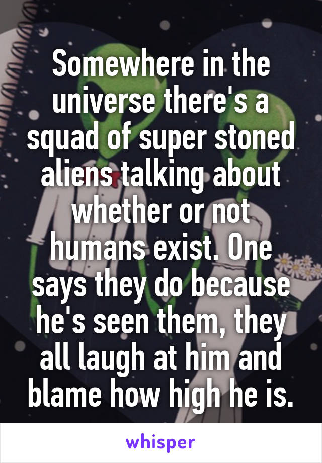 Somewhere in the universe there's a squad of super stoned aliens talking about whether or not humans exist. One says they do because he's seen them, they all laugh at him and blame how high he is.