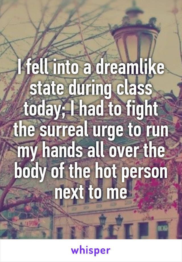 I fell into a dreamlike state during class today; I had to fight the surreal urge to run my hands all over the body of the hot person next to me