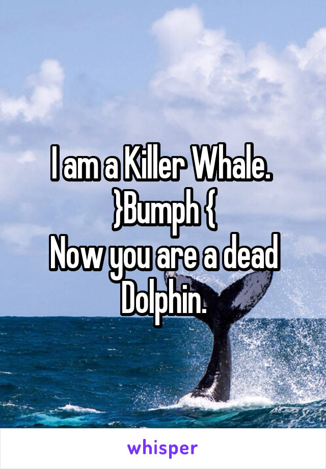 I am a Killer Whale. 
}Bumph {
Now you are a dead Dolphin.