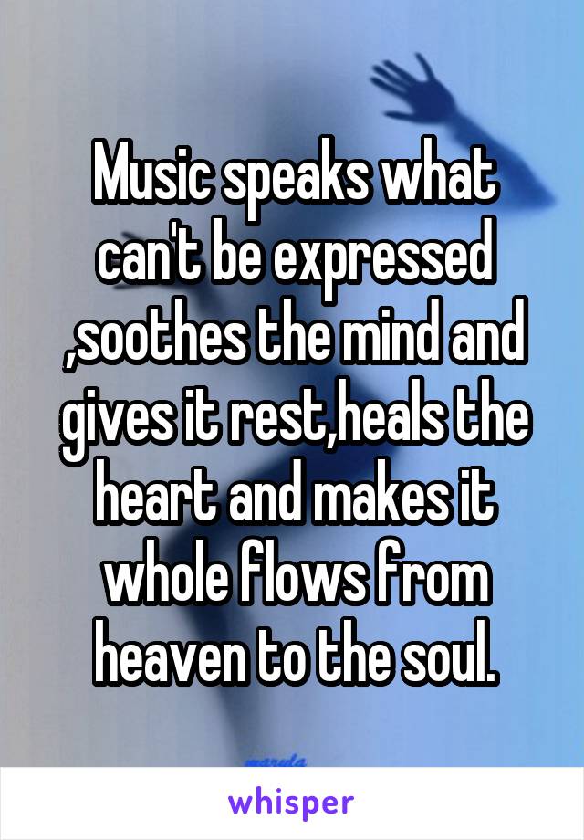 Music speaks what can't be expressed ,soothes the mind and gives it rest,heals the heart and makes it whole flows from heaven to the soul.