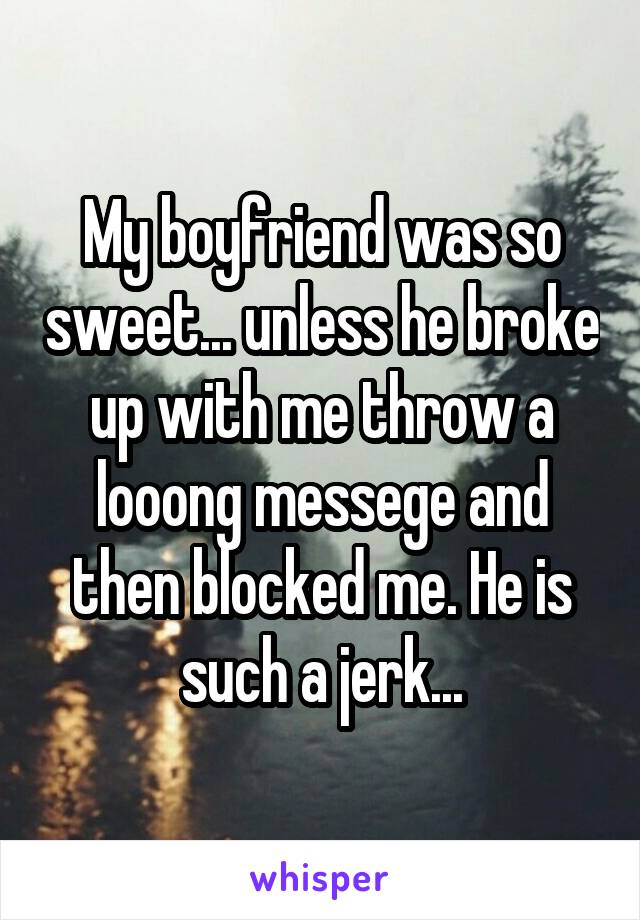 My boyfriend was so sweet... unless he broke up with me throw a looong messege and then blocked me. He is such a jerk...