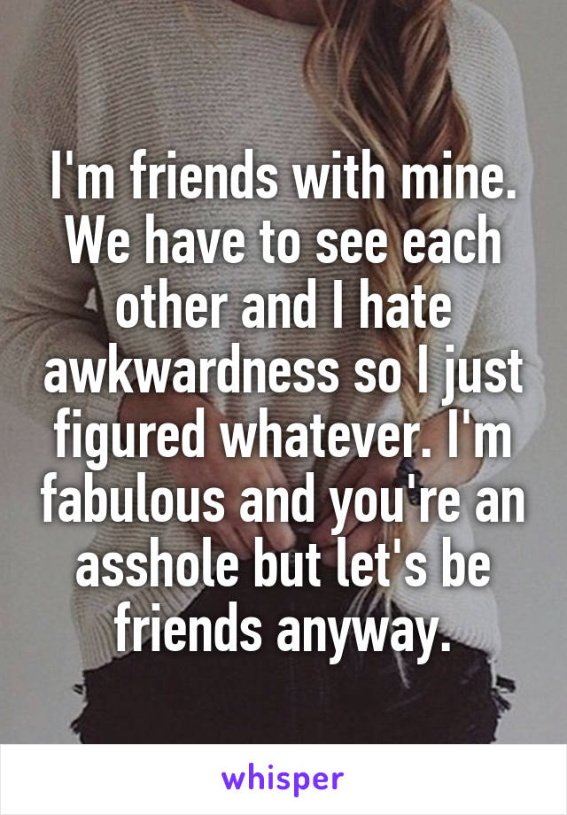 I'm friends with mine. We have to see each other and I hate awkwardness so I just figured whatever. I'm fabulous and you're an asshole but let's be friends anyway.