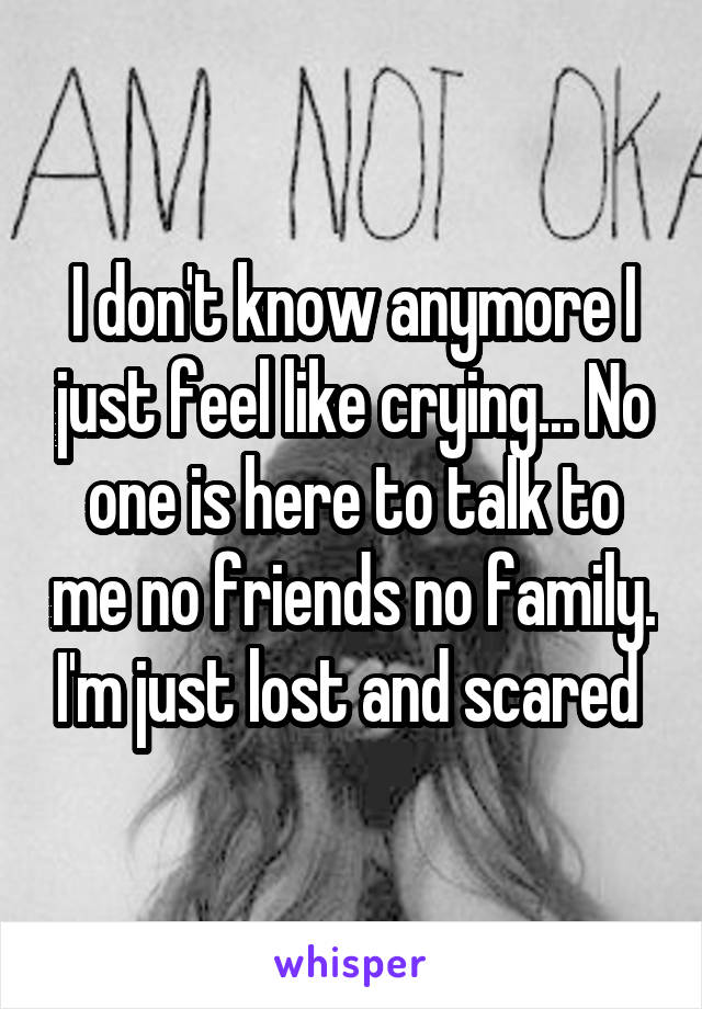 I don't know anymore I just feel like crying... No one is here to talk to me no friends no family. I'm just lost and scared 