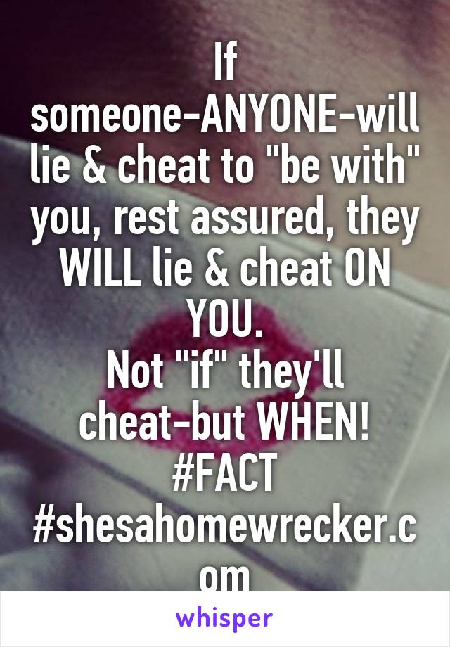 If someone-ANYONE-will lie & cheat to "be with" you, rest assured, they WILL lie & cheat ON YOU.
Not "if" they'll cheat-but WHEN!
#FACT
#shesahomewrecker.com