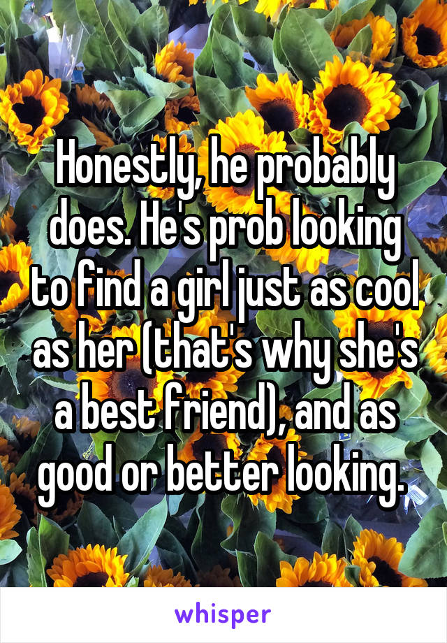 Honestly, he probably does. He's prob looking to find a girl just as cool as her (that's why she's a best friend), and as good or better looking. 