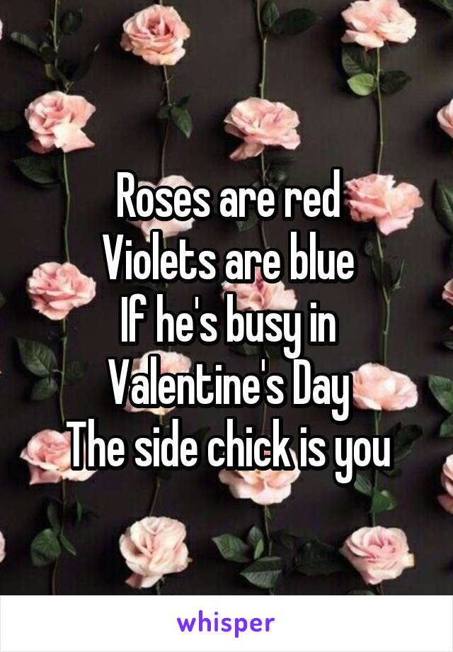 Roses are red
Violets are blue
If he's busy in Valentine's Day
The side chick is you