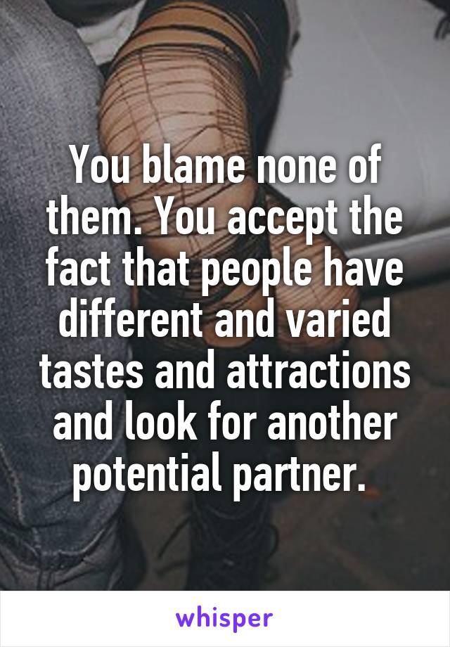 You blame none of them. You accept the fact that people have different and varied tastes and attractions and look for another potential partner. 