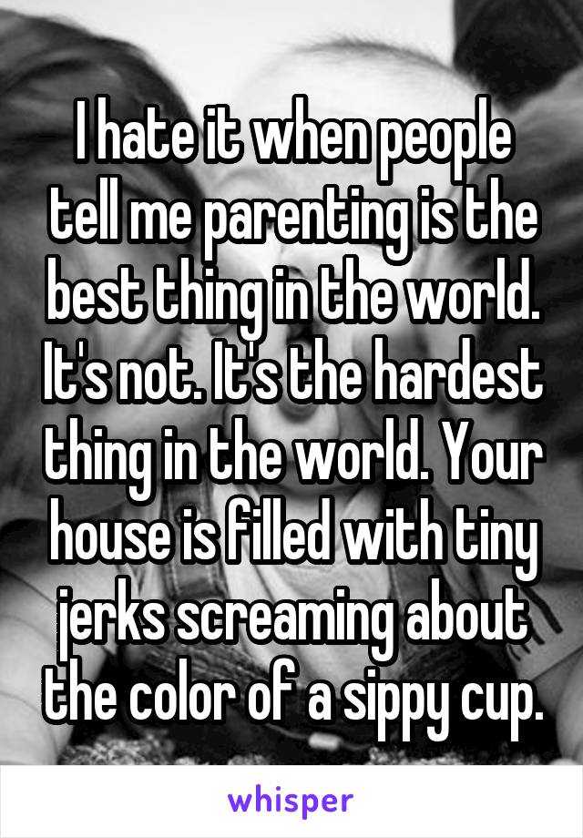 I hate it when people tell me parenting is the best thing in the world. It's not. It's the hardest thing in the world. Your house is filled with tiny jerks screaming about the color of a sippy cup.
