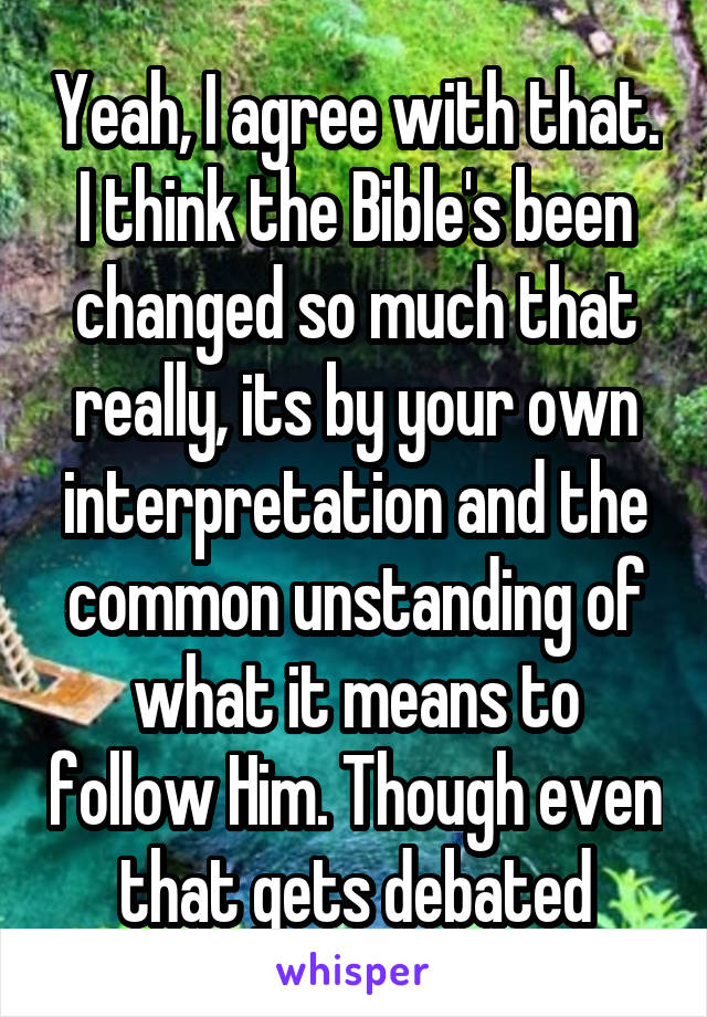 Yeah, I agree with that. I think the Bible's been changed so much that really, its by your own interpretation and the common unstanding of what it means to follow Him. Though even that gets debated