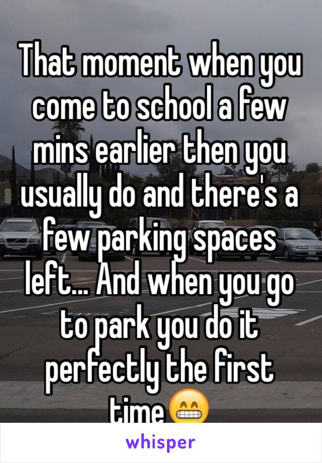 That moment when you come to school a few mins earlier then you usually do and there's a few parking spaces left... And when you go to park you do it perfectly the first time😁