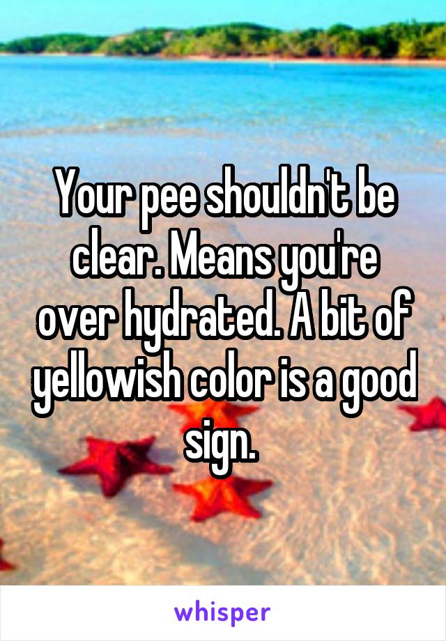 Your pee shouldn't be clear. Means you're over hydrated. A bit of yellowish color is a good sign. 