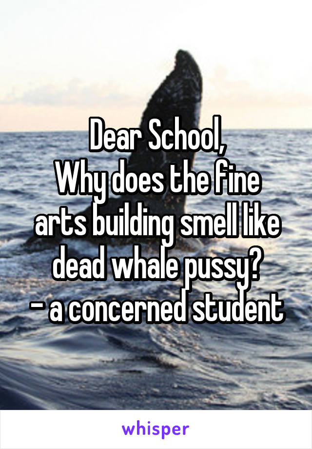 Dear School,
Why does the fine arts building smell like dead whale pussy?
- a concerned student
