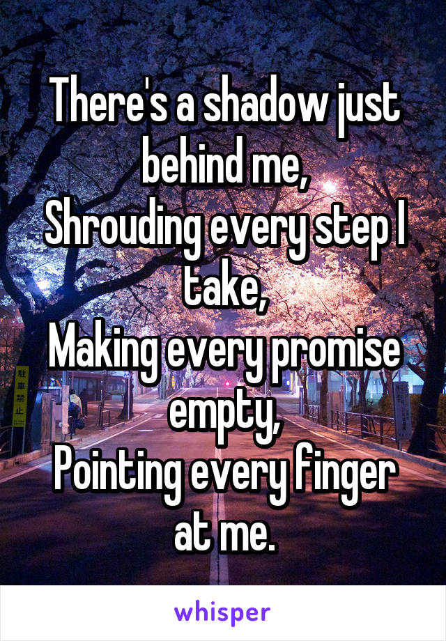 There's a shadow just behind me,
Shrouding every step I take,
Making every promise empty,
Pointing every finger at me.