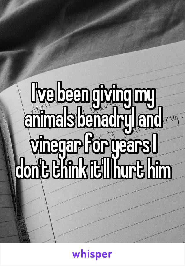I've been giving my animals benadryl and vinegar for years I don't think it'll hurt him