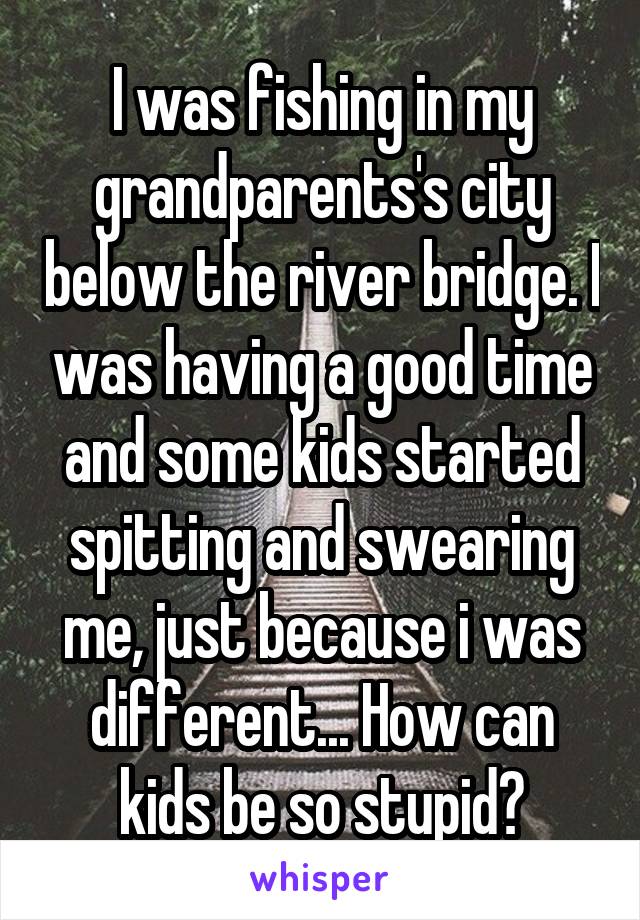 I was fishing in my grandparents's city below the river bridge. I was having a good time and some kids started spitting and swearing me, just because i was different... How can kids be so stupid?