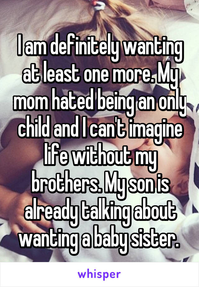 I am definitely wanting at least one more. My mom hated being an only child and I can't imagine life without my brothers. My son is already talking about wanting a baby sister. 