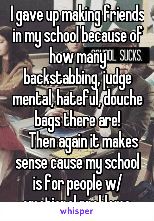 I gave up making friends in my school because of how many backstabbing, judge mental, hateful, douche bags there are!
    Then again it makes sense cause my school is for people w/ emotional problems 