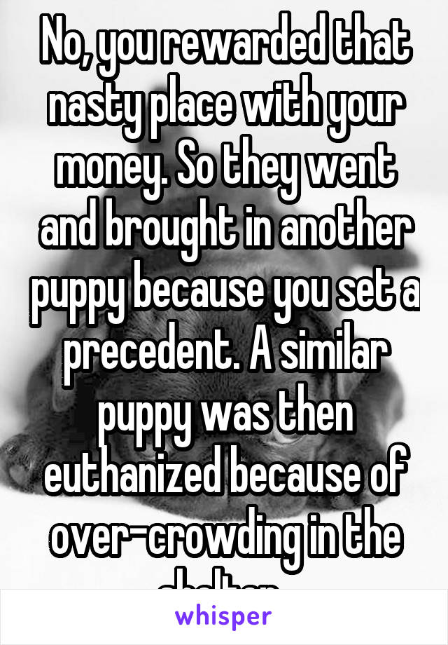No, you rewarded that nasty place with your money. So they went and brought in another puppy because you set a precedent. A similar puppy was then euthanized because of over-crowding in the shelter. 
