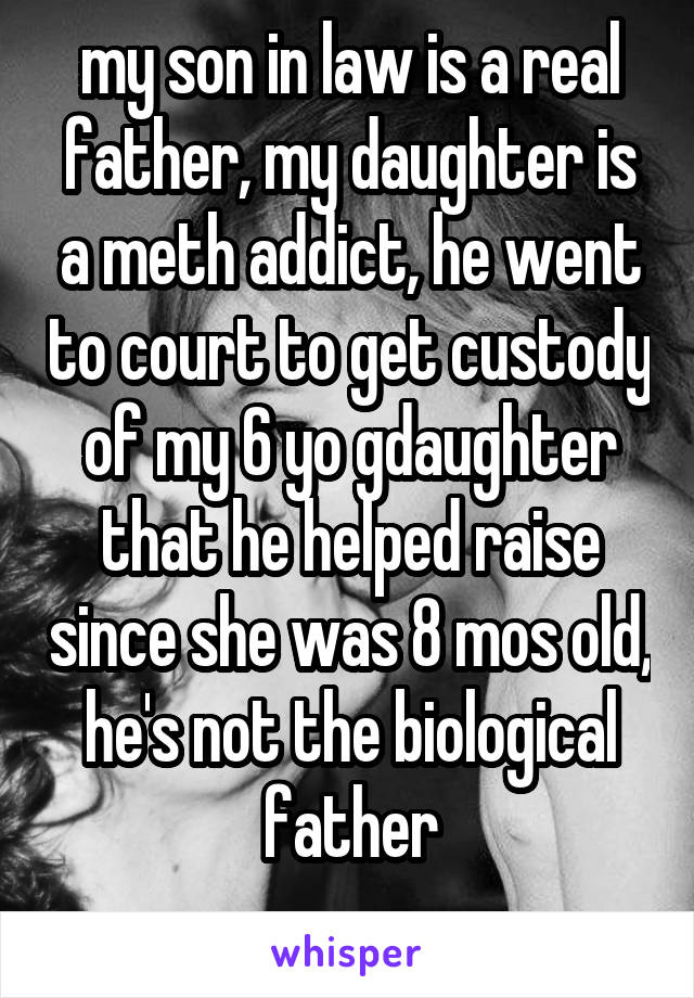 my son in law is a real father, my daughter is a meth addict, he went to court to get custody of my 6 yo gdaughter that he helped raise since she was 8 mos old, he's not the biological father
